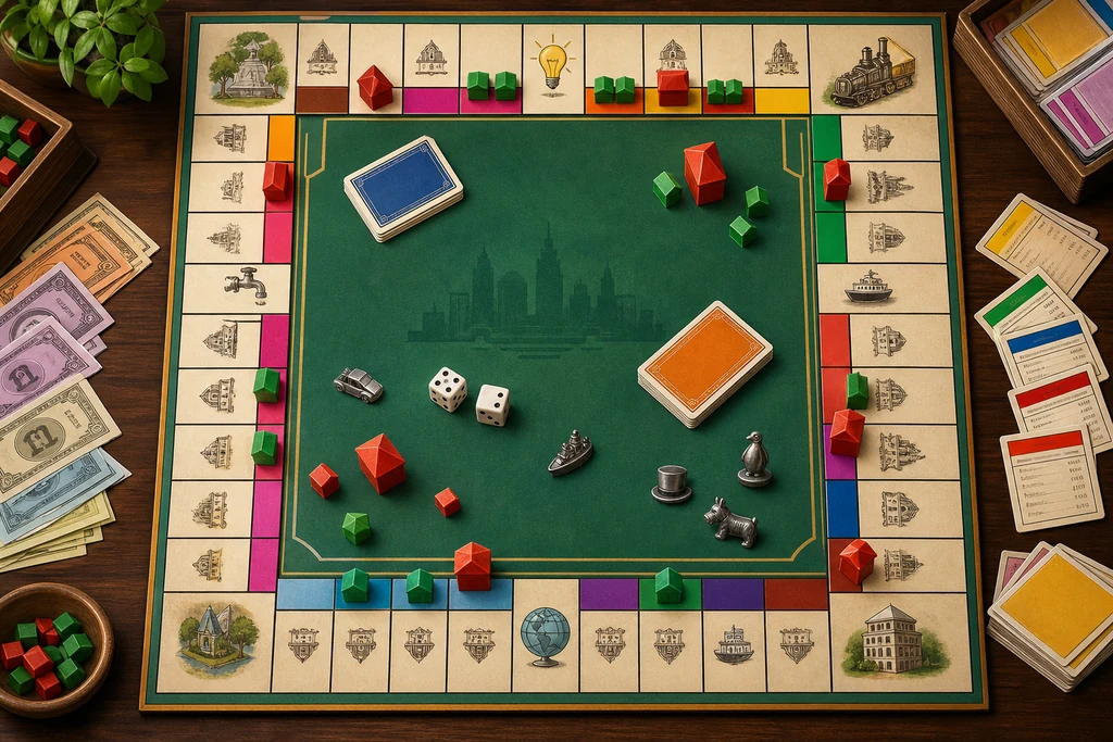 Dettaglio tabellone Monopoly con case e hotel